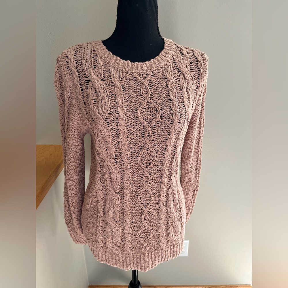 J. Jill 100% cotton pink Chablis cable chunky knit crew neck sweater. Size XS
